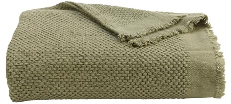 Christy Madeira Knitted Throw | Super Soft and Cosy | Delicated Fringed Trim Cotton | 140cm x 180cm | Forest Green