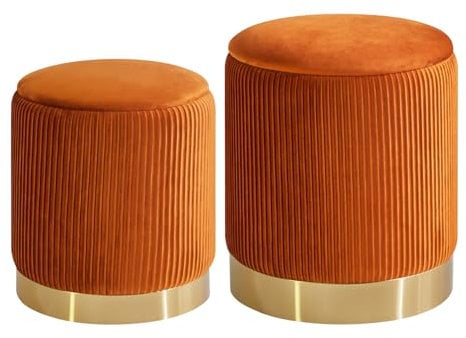 IBUYKE Set von 2-runden Ottoman mit Lagerung für Metallring Dekoration, Samt Eitelkeitshocker für Make-up, moderner gepolsterter Sitz Couchtisch, Mehrzweckfußstütze Hocker, Orange WBD016J
