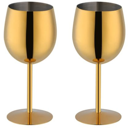 TEAHAHA Stainless Steel Wine Glasses Set of 2,350ml Fancy Unique Unbreakable Goblet Glass Set White Red Wine Stemmed Cocktail Glasses Metal Drink Champagne Goblet Party Wedding (Gold)