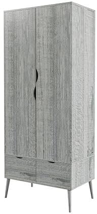 URBNLIVING 180cm Tall Freestanding Ash Grey Wardrobe with 2 Door 2 Drawer Modern Shelf Clothes Storage Scandi Legs Cupboards Hanging Rail Unit for Bedroom
