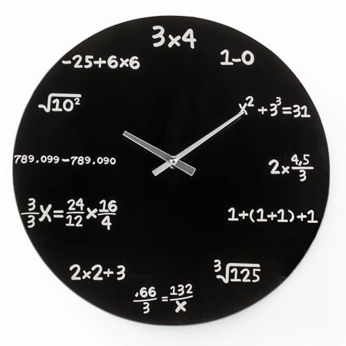 MIJOMA Schwarze Glas-Wanduhr Mathematic – Ø 35 cm – Moderne Science Clock mit Mathe-Formeln – Stilvolle Dekouhr für Mathematiker & Wissenschafts-Fans – Lautloses Quarz-Uhrwerk