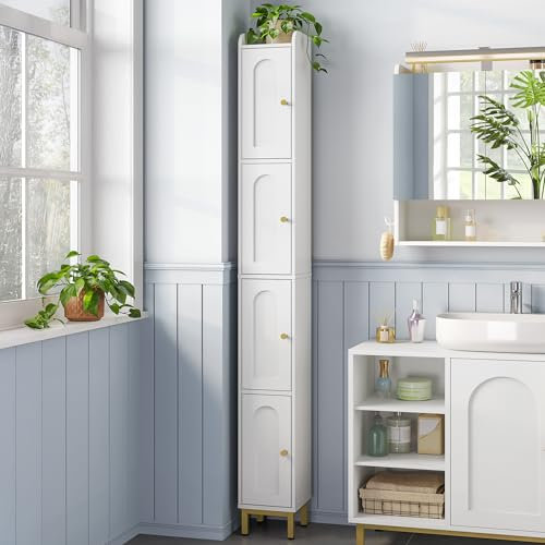 Hzuaneri Badezimmerschrank, Hochschrank Badezimmer mit 4 Türen, schlanker Badschrank, Badschrank schmal hoch, verstellbaren Ablagen, Wohnzimmer, Küche, Schlafzimmer, 20 x 20 x 180 cm, Weiß BC42213G