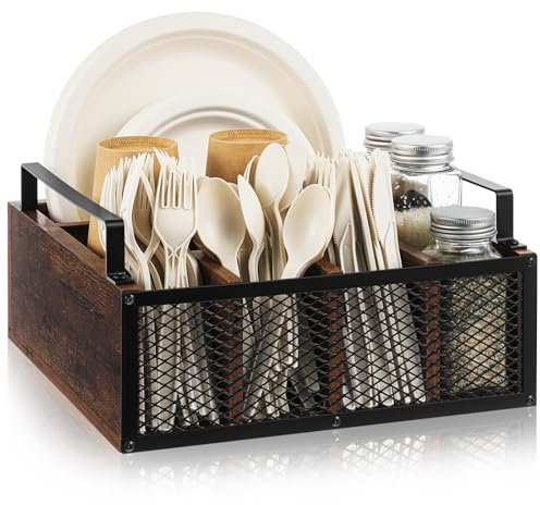 Mimorou Wooden Paper Plate Dispenser Utensil Holder Kitchen Counter Cutlery Flatware Organizer for Party Utensil Caddy Paper Plate Holder for Cups Spoons Forks Napkins, Kitchen Accessories