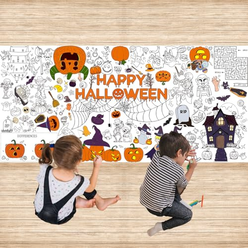 Halloween Maltischdecke für Kinder – 183x86cm Riesen Ausmalposter | Perfekt für Halloween Party & Kindergeburtstag. Große Papiertischdecke zum Ausmalen mit Labyrinth & Kürbis-Motiven