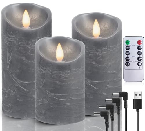 AiiBowy LED Kerzen Aufladbar Echtwachs 3er-Set mit timerfunktion, Flackernde Flamme, LED Kerzen Adventskranz, LED Stumpenkerzen Outdoor für Halloween Weihnachten Party Dekoration Grau