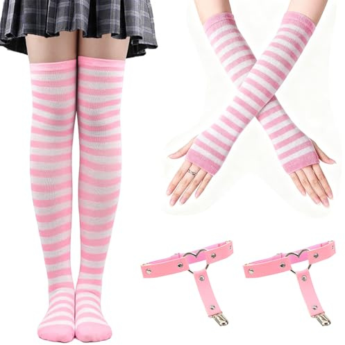Scettar Thigh High Socks & Long Fingerless Gloves with Women's Leather Thigh Garter, Striped Knee High Socks Women Socks and Arm Warmers for Women Girls
