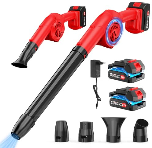 Soffiatore per foglie senza fili con batterie 21V 2*3000mAh e caricabatterie, soffiatore elettrico 320CFM 180MPH, 3 livelli di velocità e 3 tubi di soffiaggio, soffiatori da giardino leggeri con turbo