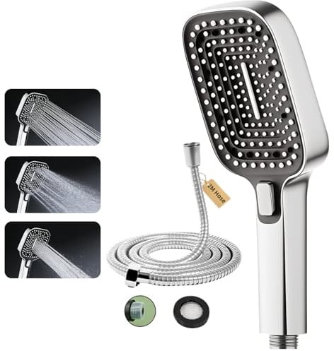 SERIONR Duschkopf, Handbrause mit 3 Strahlarten, Duschkopf Wassersparender mit 2M Schlauch, Quadratischer Shower Head mit AntiKalk-Funktion 110 mm, Hochdruck Duschbrause, Chrom