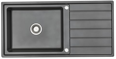 RUMO Square Edge Black Anthracite Nano Coated Stainless Steel Kitchen Sink 1.0 One Single Large Deep Bowl Reversible Includes Waste Kit (RUMO 10050RB Square Edge)