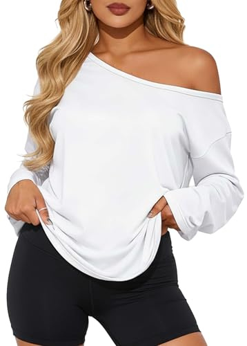 TZLDN Women Off The Shoulder Tops Oversized Long Sleeve Top Going Out Loose Pullover Tshirts Blouse Tunik White S