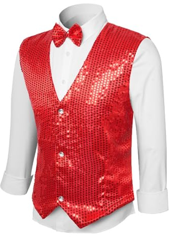 Herren Pailletten Weste mit Fliege Glitzer Anzugweste V-Ausschnitt Karneval Kostüm Fasching Outfit Disco 70er Jahre Party Hochzeit Bühne Show Herrenweste