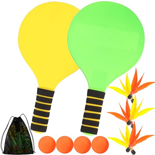 Beach Schläger Spiel Set, Holz Strandball Schlägerset - 2 Schlägern & 6 Federbälle 4 Bälle mit Netzbeutel, Paddleball Spielset, Sommer Outdoor Strand Pool Garten Party Spiel für Kinder Erwachsene
