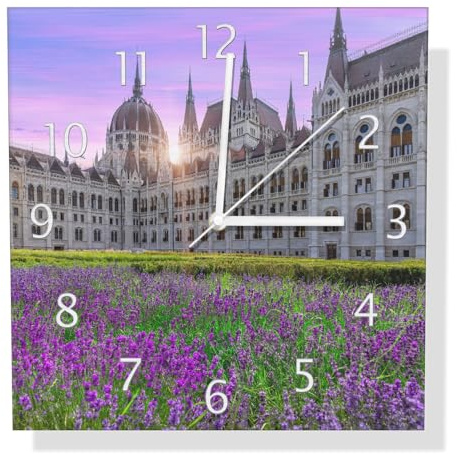 Wallario Design Wanduhr Historisches Gebäude im Abendlicht aus Aluverbund, Alu-Uhr Größe 30 x 30 cm, weiße Zeiger mit Metalloptik