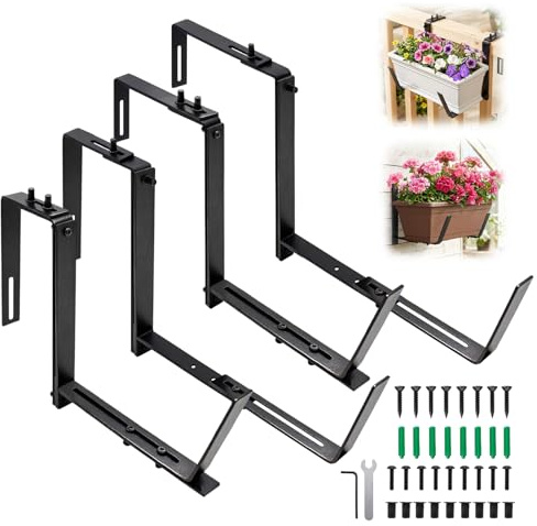 Cyiecw 4er Set Blumenkastenhalterung Balkon, 2-Fach Verstellbare Metall Balkonkasten Halterung Ohne Bohren, Flexible Befestigung aus Rostfreiem Edelstahl für Blumenkasten Balkongeländer & Wandmontage