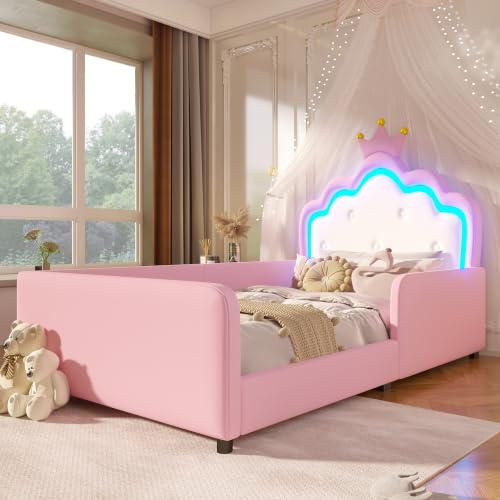 luckdect Cadre de Lit Princesse 90x190 cm sans Matelas, Lit Rembourré PU Rose avec Tête de Lit Couronne LED Intégrée et Barrières de Sécurité, Décoration Féerique