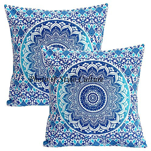 Stylo Culture Bohemien Dekorativ Baumwolle Couch Kissenbezüge 40x40 cm Blau Dekokissen Gedruckt Schlafzimmer Sofa Kissen Bezüge Mandala Ombre Quadrat Umschlagverschluss 16x16 In Kissenhullen - 2 STK.