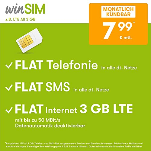winSIM Handytarif z.B. Allnet Flat 3 GB – (Flat Internet 5G 3 GB, Flat Telefonie, Flat SMS und Flat EU-Ausland, 7,99 Euro/Monat, monatlich kündbar) oder andere Tarife