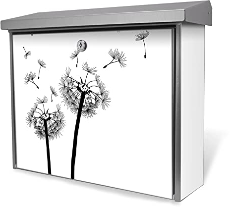 banjado® Burgwächter Briefkasten Edelstahl 38,5x31,5x12cm mit Motiv Pusteblume 2 / Briefkasten Edelstahl ohne Zeitungsfach/Briefkasten grau/Postkasten inkl. Montagematerial & 2 Schlüsseln