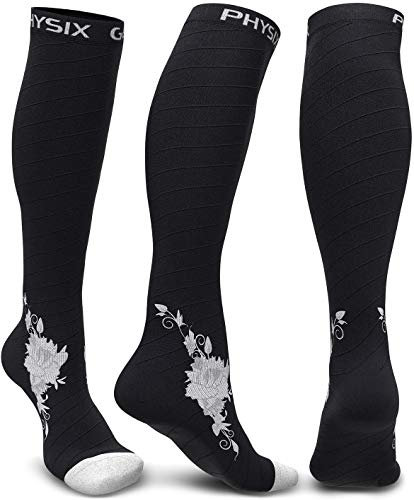 Physix Gear Sport Kompressionsstrümpfe Damen & Herren Stützstrümpfe (20-30mmHg) für Wassereinlagerungen, Flugreisen & Sport Kompressionssocken Langlebige Laufsocken Compression Socks GRAU BLUME S/M