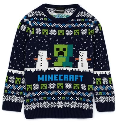 Minecraft Boys Christmas Jumper Style Options Kids Creeper & Snow Characters Knitted Sweater in Blue | Childrens Selburose Pattern Festive Jumper with Snowmen | Mojang Video Game Merchandise Gift