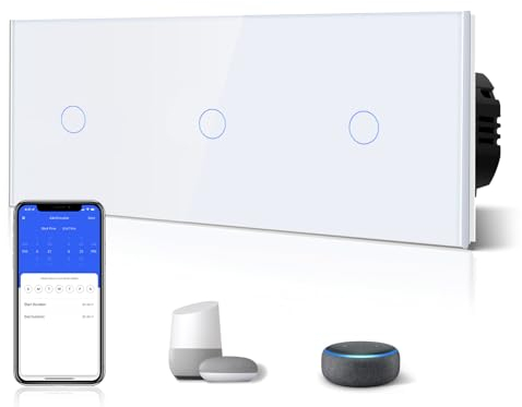BSEED Drei Fach Smart Alexa Lichtschalter aus Glas, WiFi Touch Wandschalter 1 Fach 1 Weg (Neutralleiter Erforderlich), Alexa/Tuya/Google Home-kompatible 228mm * 86mm Weiß