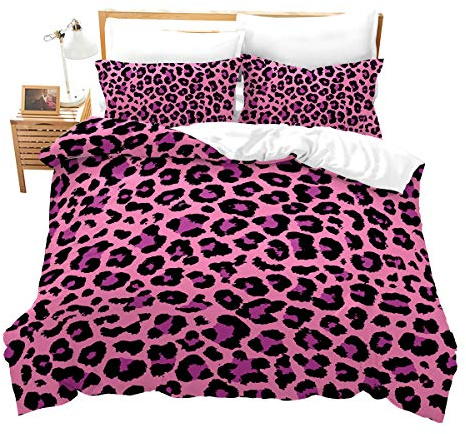 Loussiesd Leopardenmuster 3 Teilig 200x200 cm Bettwäsche Set Speck Muster Prairie Wild Tier Microfaser Bettbezug Set für Jungen Mädchen Pink Sexy Betten Set mit 1 Kissenbezug 80x80 cm