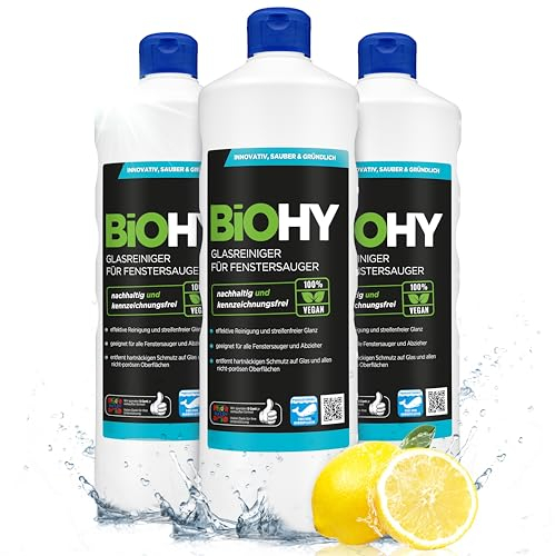 BiOHY Glasreiniger für Fenstersauger (3 x 1 Liter) | Fensterreiniger Konzentrat für alle Fenstersauger | Bio Reinigungsmittel sorgt für streifenfreien Glanz | Glasreiniger | Fensterputzmittel