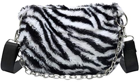 Amosfun Schultertasche aus Plüsch mit Kette, Zebra-Druck, Unterarm-Handtasche, modische Crossbody-Tasche für Frauen und Mädchen, Outdoor-Reisen, Telefon, Schlüssel, Geldbörse, Geschenke (schwarz)