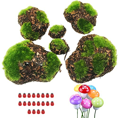 Woohome Künstliche Moossteine, dekorative Kunstmoossteine, 6 Stück künstliche grüne Moos-Steine und simulierter Marienkäfer, DIY-Pilz für Puppenhaus, Blumentopf, DIY-Dekoration, 36 Stück