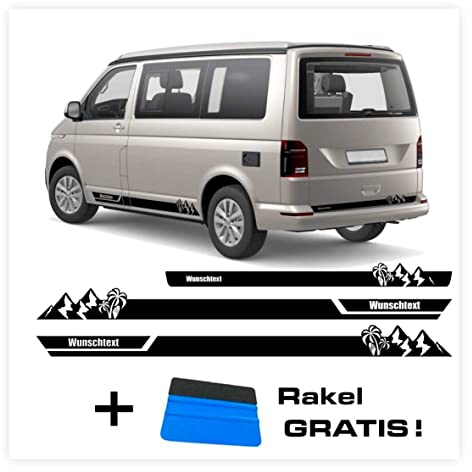Seitenstreifen Aufkleber Berge-Palme-Surfbrett passend für VW T6.1, T6, T5, Multivan, Bulli, Transporter - Seitenaufkleber mit WUNSCHTEXT