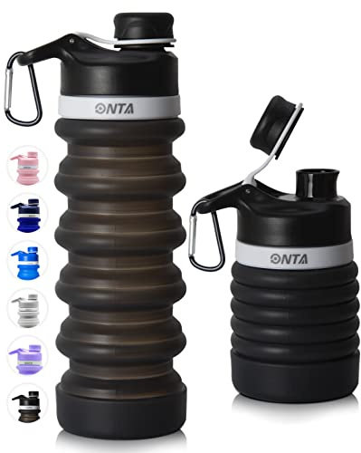 ONTA Collapsible Water Bottle- BPA Free Silicone Foldable Water Bottle for Travel,Silicone Portable Leak-Proof Travel Water Bottle 20oz, black