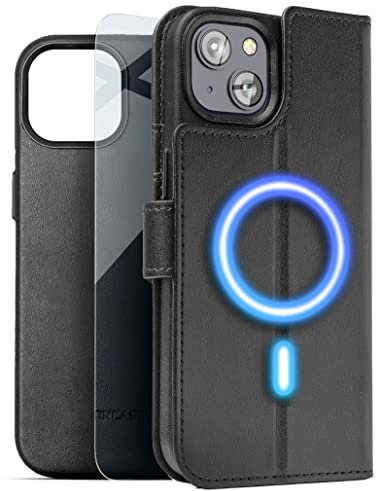 Encased Primo-S Magnetic Folio Compatible with MagSafe - Designed for iPhone 14 Wallet Case with Removable Card Holder and Screen Protector (Black Leather)