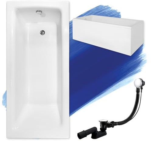 Baignoire rectangulaire TALIA Premium 170 x 75 cm - Kit complet avec tablier en acrylique blanc + poignées, pieds d'appui-tête et bonde automatique chromée - Fabriqué en UE 6 en 1