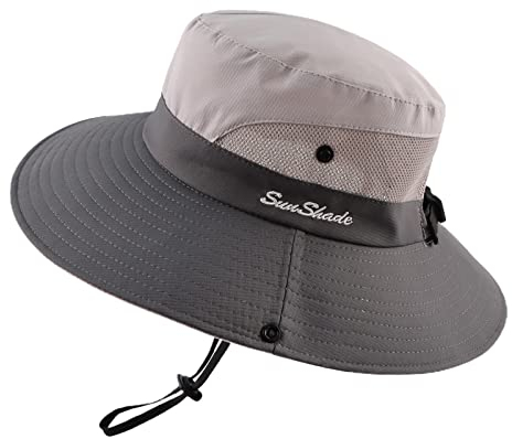 Pesaat Sonnenhut Damen Herren Sommerhut UV Schutz Sommermütze knautschbarer Wasserfester Fischerhut mit Kinnband Gartenhut Boonie hat Damen für Gartenarbeit Wandern(Gr.Erwachsener, Grau weiß-Grau)
