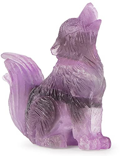 LEADGEM 5,1 cm großer Amethyst-Kristall, großer Schwanz, Wolfs-Dekorfigur, Heilsteine, Statue, geschnitzte Skulptur, Ornamente, Kristall, Wolf, Dekor mit Geschenkbox