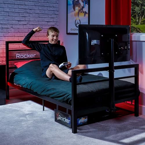 X-Rocker Basecamp TV Gaming Bed with Rotating TV Mount, Storage and Cable Management, Single 3ft Low Sleeper Bedstead, Metal Frame, Kids Bedroom, Up to 32'' TV Supported with Mattress Included - Black