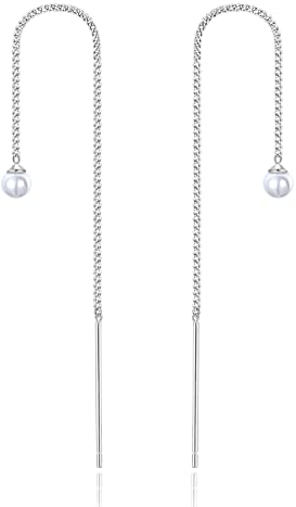 Stäbchen Durchzieher Ohrringe Silber 925 Hängend Ohrringe Perlen Lang Quasten Einfädler Ohrringe Mit Perlen Anhänger Ohrringe Stecker Ohrhänger Runde Perle öhringen Schmuck Geschenke für Damen Mädchen