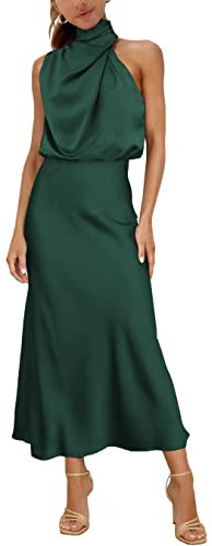 MIRGLER Vestido largo elegante y formal con cuello alto, de satén elástico, cintura alta, ceremonia, para mujer, color verde oscuro, L