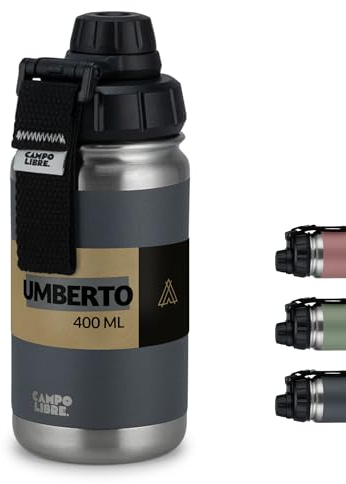 Campo Libre.® Umberto I Premium Botella de acero inoxidable de 1 l, 2 l, 400 ml, termo, botella de agua aislada, termo a prueba de fugas, apta para ácido carbónico, apta para lavavajillas