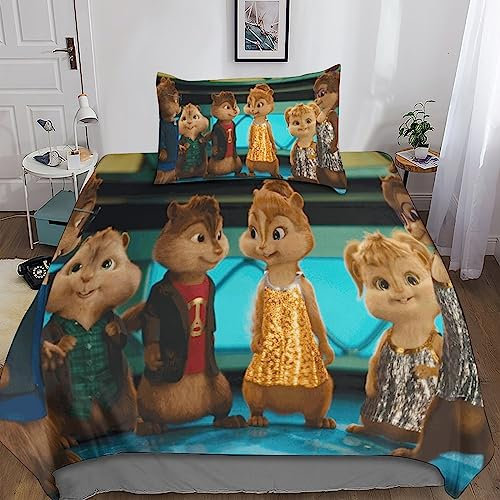 Alvin and The Chipmunks Süße Dekoration 3D Bettwäsche Set,Bettbezüge Mit Kissenbezüge, Weiche Bettbezug Sets Spannbetttücher,3D Bettdeckenbezug Mit Kissenbezug, Bettbezüge Mit Reißverschluss Und Bett