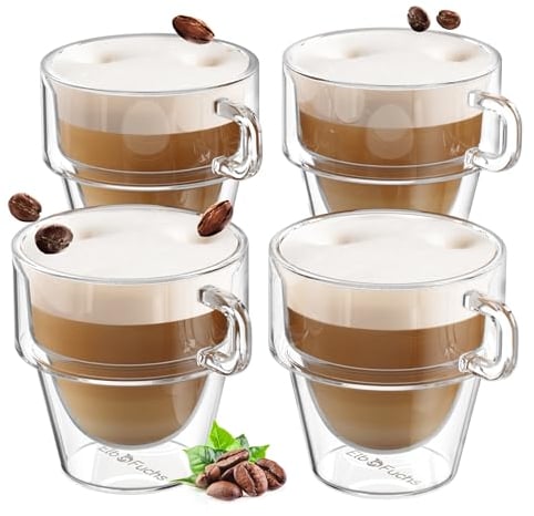 ElbFuchs® Verre Latte Macchiato Double Paroi [4x 350ml] – Gain de Place Empilable – Isolation Thermique Optimale – Tasse Cappuccino, Thé – Design Élégant