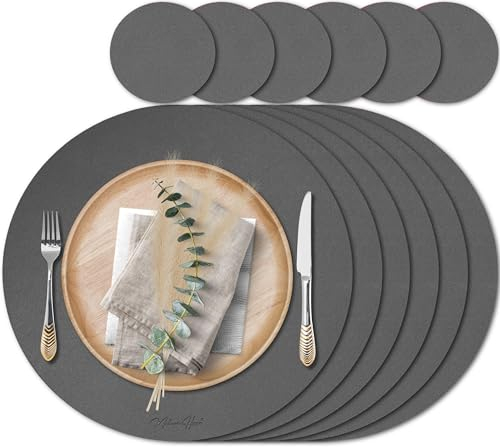 Mahewa® 6er Set Premium Tischset aus Kunstleder - Platzset abwaschbar und wasserdicht - Platzdeckchen Telleruntersetzer in Lederoptik (Dunkelgrau, Rund)
