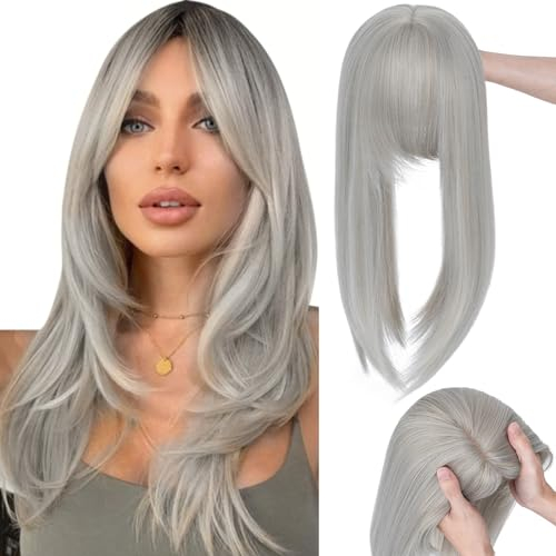 TESS Clip in Hair Topper mit Bangs Grau mix Blond, 45 cm Lang für Thinning Hair Pony Haarteil, 4 Clips für Frauen für den täglichen Gebrauch, Fotografie und Party 175 g