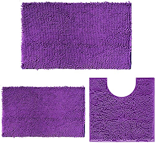 DTXDTech Badezimmerteppich Rutschfeste 3 Stück, Chenille 20*32inch, 16*24inch Badteppich und 20*20inch U Form Toilette Teppich, weiche und saugfähige Badematte Set für Bad, Schlafzimmer(Tiefes Lila)