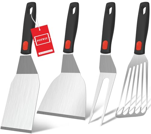 POTWIY Pfannenwender aus Edelstahl, 4 Stück, kleine Metallspatel für die Küche, robustes Smash-Burger-Pfannenwender-Set zum Kochen, Grill, Gusseisen, Grill, Grillwerkzeug mit Silikongriff