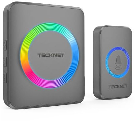 TECKNET Wireless Doorbell, IP65 Waterproof Wall Plug-in Cordless Door Chime Kit with 1970feet / 600m Range, 60 Chimes, 5-Level Volume & RGB Light, Best for Plug in Door Entry Bell