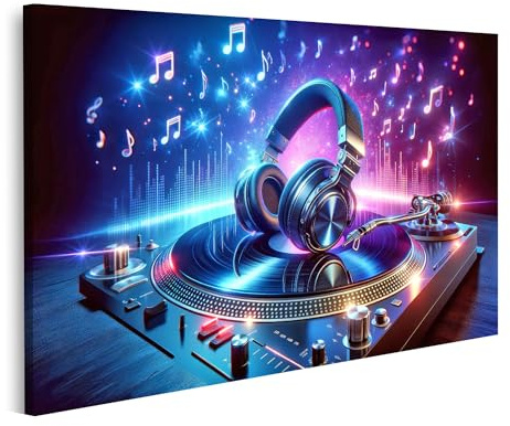 islandburner Bild auf Leinwand für Kinder- Jugendzimmer Lebendige Musik auf dem DJ-Turntable mit Kopfhörern Bilder Wandbilder Poster