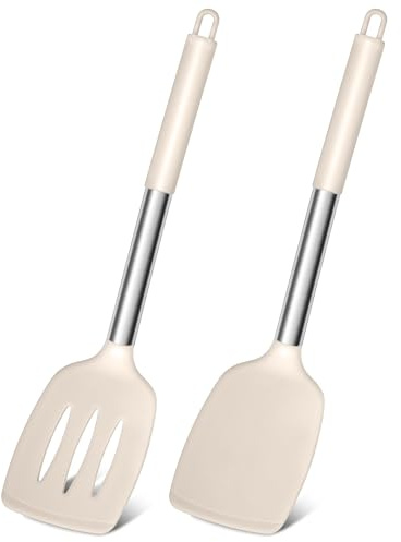 Joyfair Silicone Spatula, Stainless Steel Spatula Pack of 2, Cooking Turner/Non Stick Kitchen Slotted Utensil Set Ideal for Fish, Eggs, Pancakes, Heat Resistant & Dishwasher Safe, Khaki