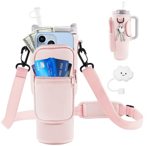 Porte Gourde Sac à Dos, 40oz Porte Gourde avec Bandoulière Réglable et Poche pour Téléphone Portable, Sac de Bouteille, Porte Bidon Portable pour Voyage pour Voyage Randonnée Camping (Couleur Rose)