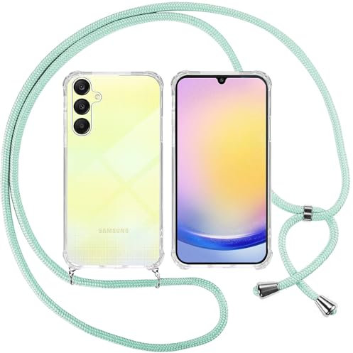ISOI Funda con Cuerda para Samsung Galaxy A25 5G, Carcasa Transparente TPU Suave Silicona Case con Correa Colgante Ajustable Collar Correa de Cuello Cadena Cordón, Verde